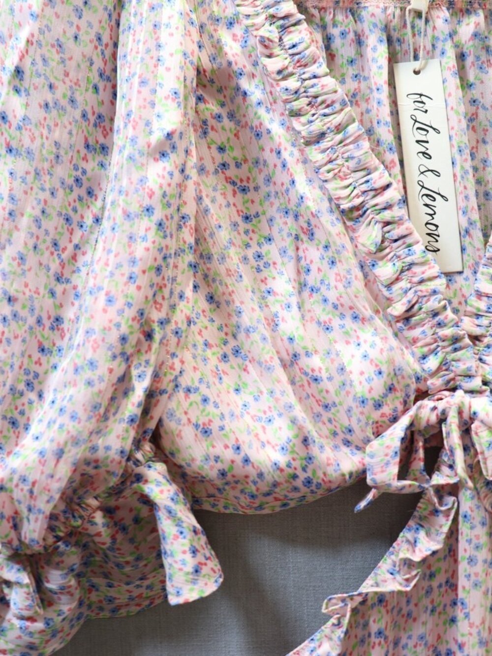 For Love & Lemons Phoebe Floral Mini Dress L Pink Cut Out Puff Sleeve NWT - Picture 8 of 16
